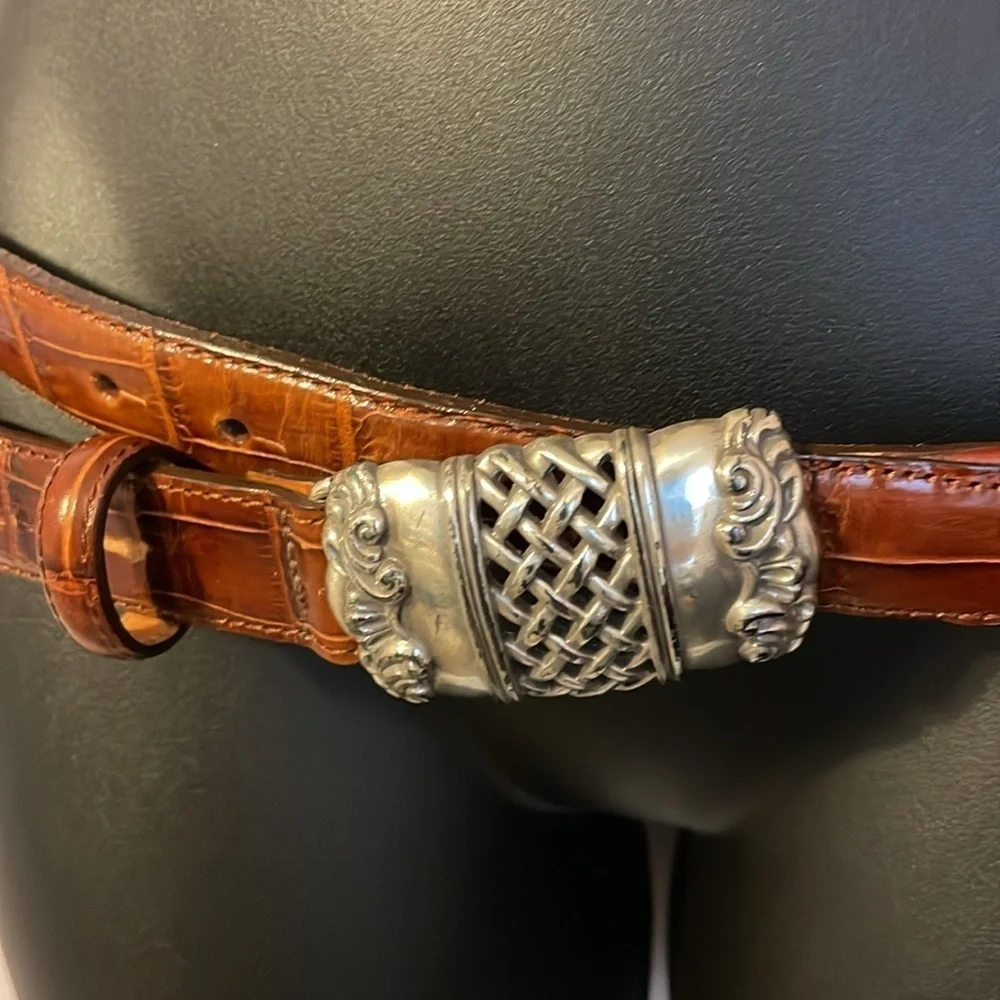 Leather Vintage 1995 Brown Belt with Silver Metal Basketweave Filagree Buckle L